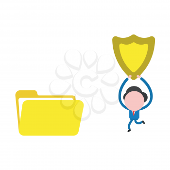 Vector illustration businessman character running and carrying guard shield to open file folder.