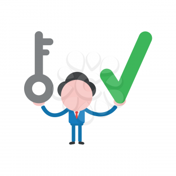 Vector illustration businessman character holding key and check mark.