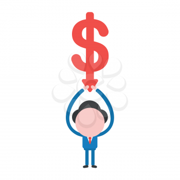 Vector illustration businessman character holding up dollar arrow moving down.