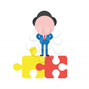Vector illustration businessman character standing on two connected jigsaw puzzle pieces.