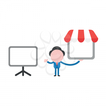 Vector illustration businessman character with blank presentation chart and holding shop store.