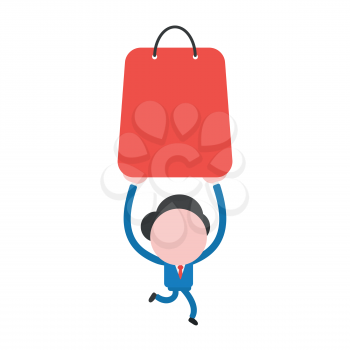 Vector illustration businessman character running and carrying red shopping bag.
