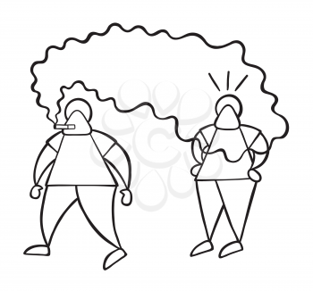 Vector illustration cartoon man character walking and bothering other man with smoke of cigarette.