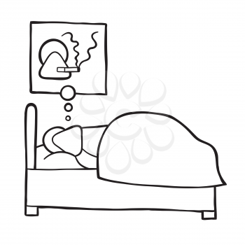 Vector illustration cartoon man character sleeping and smoking cigarette in his dream.