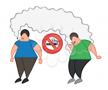 Vector illustration cartoon man character smoking cigarette where smoking is prohibited and other man coughing.