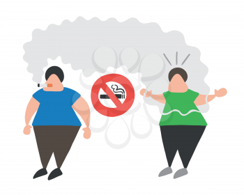 Vector illustration cartoon man character smoking cigarette where smoking is prohibited and other man angry.