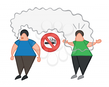 Vector illustration cartoon man character smoking cigarette where smoking is prohibited and other man angry.