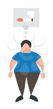 Vector illustration cartoon man character standing and thinking smoking cigarette with thought bubble.