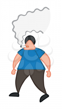 Vector illustration cartoon man character walking and smoking cigarette.