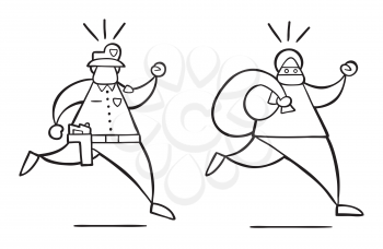 Vector illustration cartoon thief man with face masked running away from police and carrying sack.