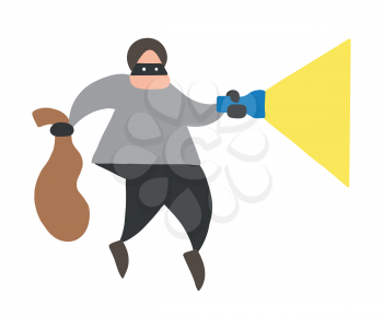 Vector illustration cartoon thief man with face masked walking and holding flashlight and sack.