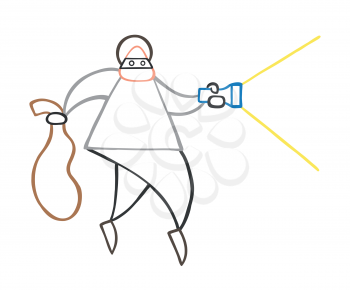 Vector illustration cartoon thief man with face masked walking and holding flashlight and sack.