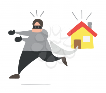 Vector illustration cartoon thief man with face masked running away from house.