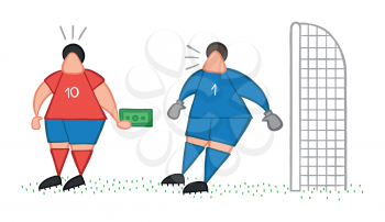 Vector illustration cartoon soccer player man offering bribe to goalkeeper.