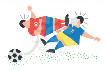Vector illustration cartoon aggressive soccer player man flying kick to other soccer player's face.
