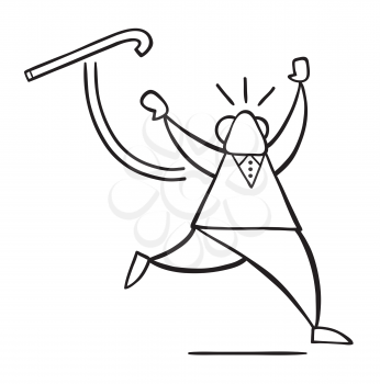Vector illustration cartoon old man throwing his walking stick and running.