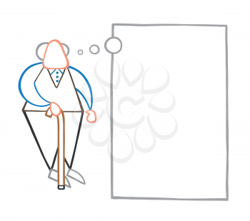Vector illustration cartoon old man standing with wooden walking stick and dreaming or thinking with blank thought bubble.