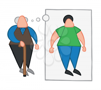 Vector illustration cartoon old man standing with wooden walking stick and dreaming or thinking his youth with thought bubble.