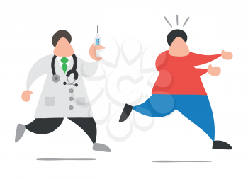 Vector illustration cartoon doctor man with stethoscope and running, holding syringe ready for injection and patient scared and running away.