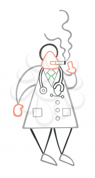 Vector illustration cartoon doctor man standing and smoking cigarette.