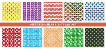 Vector seamless pattern texture background set with geometric shapes in yellow, red, purple, orange, blue, green, black, grey and white colors.