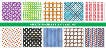 Vector seamless pattern texture background set with geometric shapes in purple, violet, green, orange, blue, red, black, yellow, grey, brown and white colors.