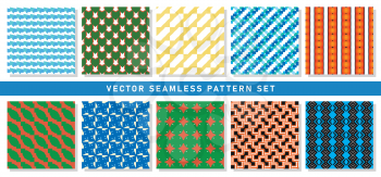 Vector seamless pattern texture background set with geometric shapes in blue, green, orange, yellow, black, white and grey colors.