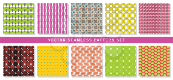 Vector seamless pattern texture background set with geometric shapes in green, grey, red, violet, orange, brown, blue, white and black colors.