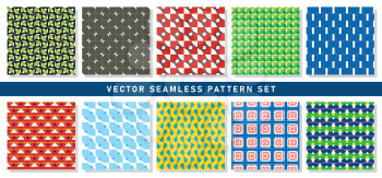 Vector seamless pattern texture background set with geometric shapes in green, black, brown, red, blue, orange, yellow, violet and white colors.