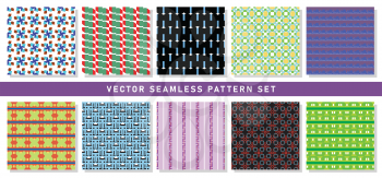 Vector seamless pattern texture background set with geometric shapes in blue, brown, orange, green, red, black, yellow, purple, violet and white colors.