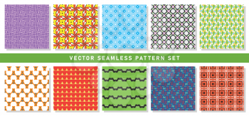 Vector seamless pattern texture background set with geometric shapes in orange, yellow, purple, violet, red, blue, white, black, green and grey colors.
