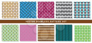 Vector seamless pattern texture background set with geometric shapes in orange, grey, violet, blue, black, white, red, pink and brown colors.