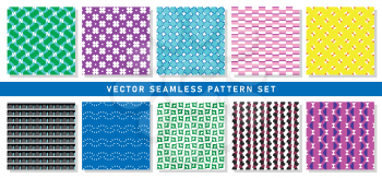 Vector seamless pattern texture background set with geometric shapes in green, blue, purple, pink, yellow, orange, black, violet, grey and white colors.