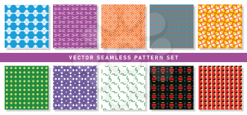 Vector seamless pattern texture background set with geometric shapes in blue, purple, violet, orange, grey, yellow, green, black, red and white colors.