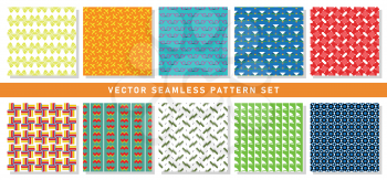 Vector seamless pattern texture background set with geometric shapes in green, orange ,yellow, blue, violet, red, white, grey and black colors.