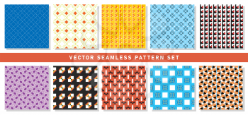 Vector seamless pattern texture background set with geometric shapes in blue, yellow, orange, red, black, white, violet and purple colors.