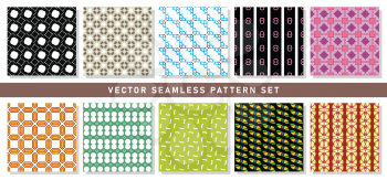 Vector seamless pattern texture background set with geometric shapes in black, white, brown, blue, pink, red, purple, violet, yellow and green colors. 