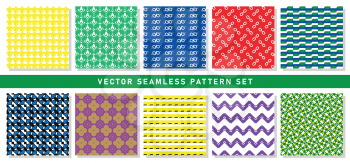 Vector seamless pattern texture background set with geometric shapes in yellow, green, blue, white, red, black, brown and purple colors.
