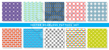 Vector seamless pattern texture background set with geometric shapes in purple, white, green, blue, yellow, black, red, grey and orange colors.
