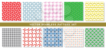 Vector seamless pattern texture background set with geometric shapes in red, white, blue, black, green, yellow and grey colors.
