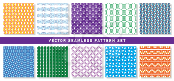 Vector seamless pattern texture background set with geometric shapes in orange, yellow, blue, purple, white, green, blue and grey colors.