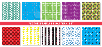 Vector seamless pattern texture background set with geometric shapes in green, blue, white, purple, brown, red, yellow, black and pink colors.