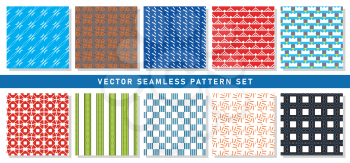 Vector seamless pattern texture background set with geometric shapes in blue, white, orange, brown, red, yellow and black colors.