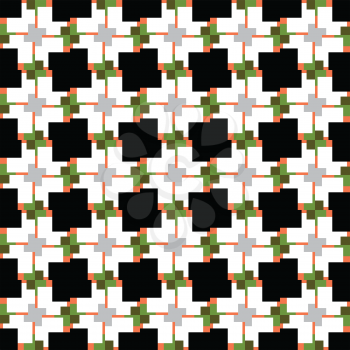 Vector seamless pattern texture background with geometric shapes, colored in black, green, orange, grey and white colors.