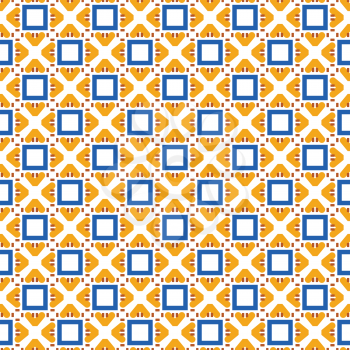 Vector seamless pattern texture background with geometric shapes, colored in orange, blue, brown and white colors.