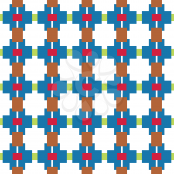 Vector seamless pattern texture background with geometric shapes, colored in blue, brown, red, green and white colors.