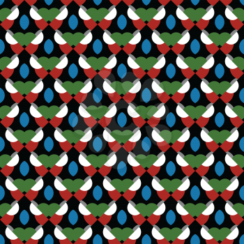 Vector seamless pattern texture background with geometric shapes, colored in black, blue, green, grey, red and white colors.