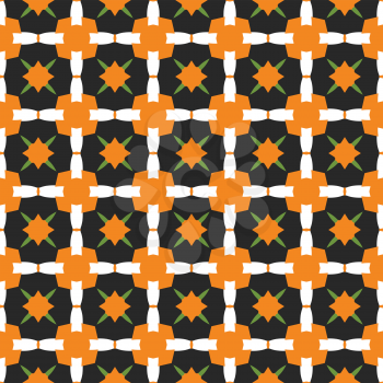 Vector seamless pattern texture background with geometric shapes, colored in orange, black, white and green colors.