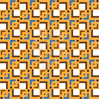 Vector seamless pattern texture background with geometric shapes, colored in yellow, brown, blue, white and black colors.