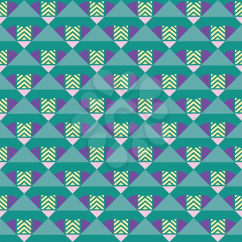 Vector seamless pattern texture background with geometric shapes, colored in green, purple, yellow and pink colors.